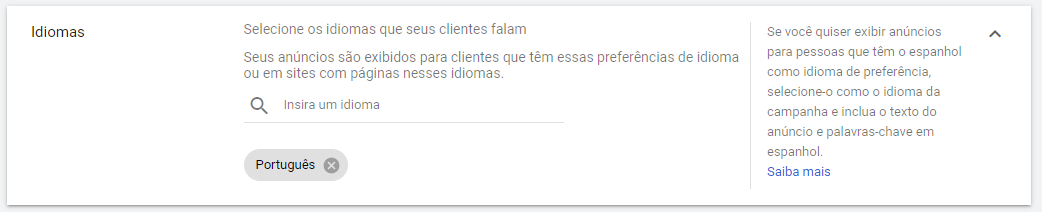 Essa imagem é para escolher o idioma. Na imagem está selecionado português. A direita tem um texto, que explica que se quiser selecionar espanhol, para quem o utiliza como idioma de preferencia é necessário seleciona-lo e incluir palavras-chaves em espanhol. 