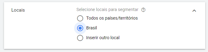 Essa imagem mostra onde os locais onde quer vincular o anúncio. Está selecionado, com uma bolinha azul, a opção Brasil.