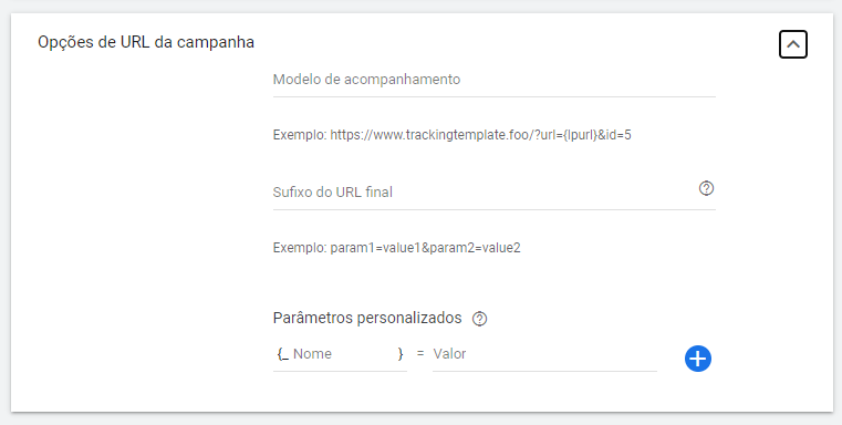 Essa imagem mostra as opções de URL da campanha. Tem um espaço para inserir a URL para onde o clique vai redirecionar