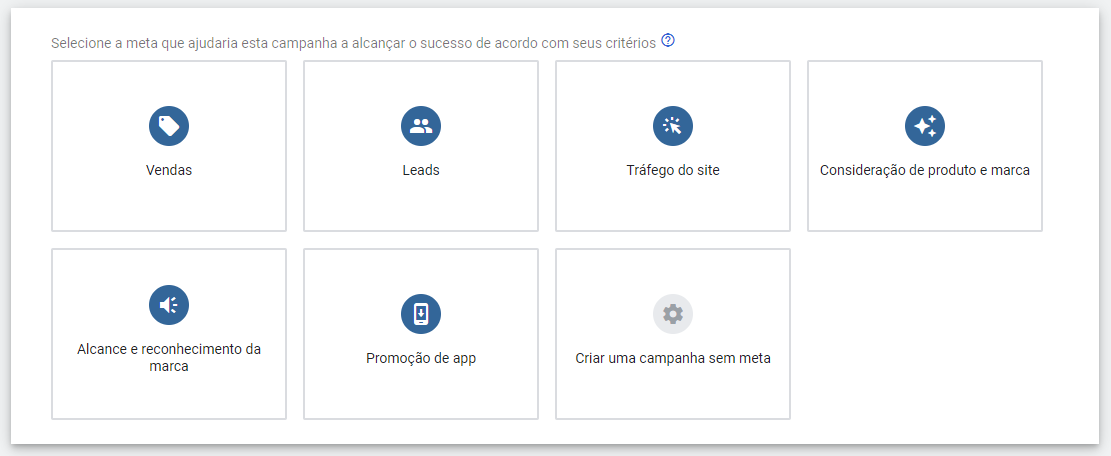 A imagem mostra as opções de objetivo que se quer com a campanha, são as opções: vendas, leads, tráfego do site, considerações de produto ou marca, alcance e reconhecimento da marca, promoção de app e criar uma campanha sem meta.