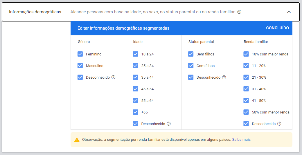 Mostra as informações demográficas, como gênero, idade, status parental e renda familiar. Todos os campos estão selecionados.