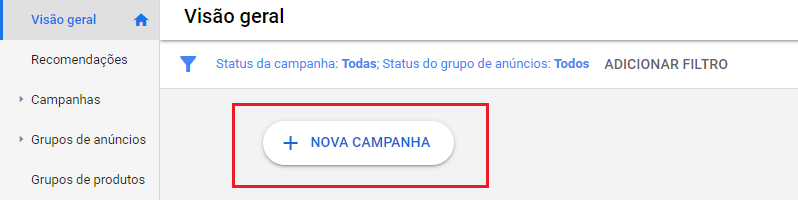 Mostra onde clicar para criar uma nova campanha no Google Ads.